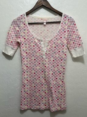 Y2K Victoria's Secret Pout Thermal Henley Top Heart Print Coquette M